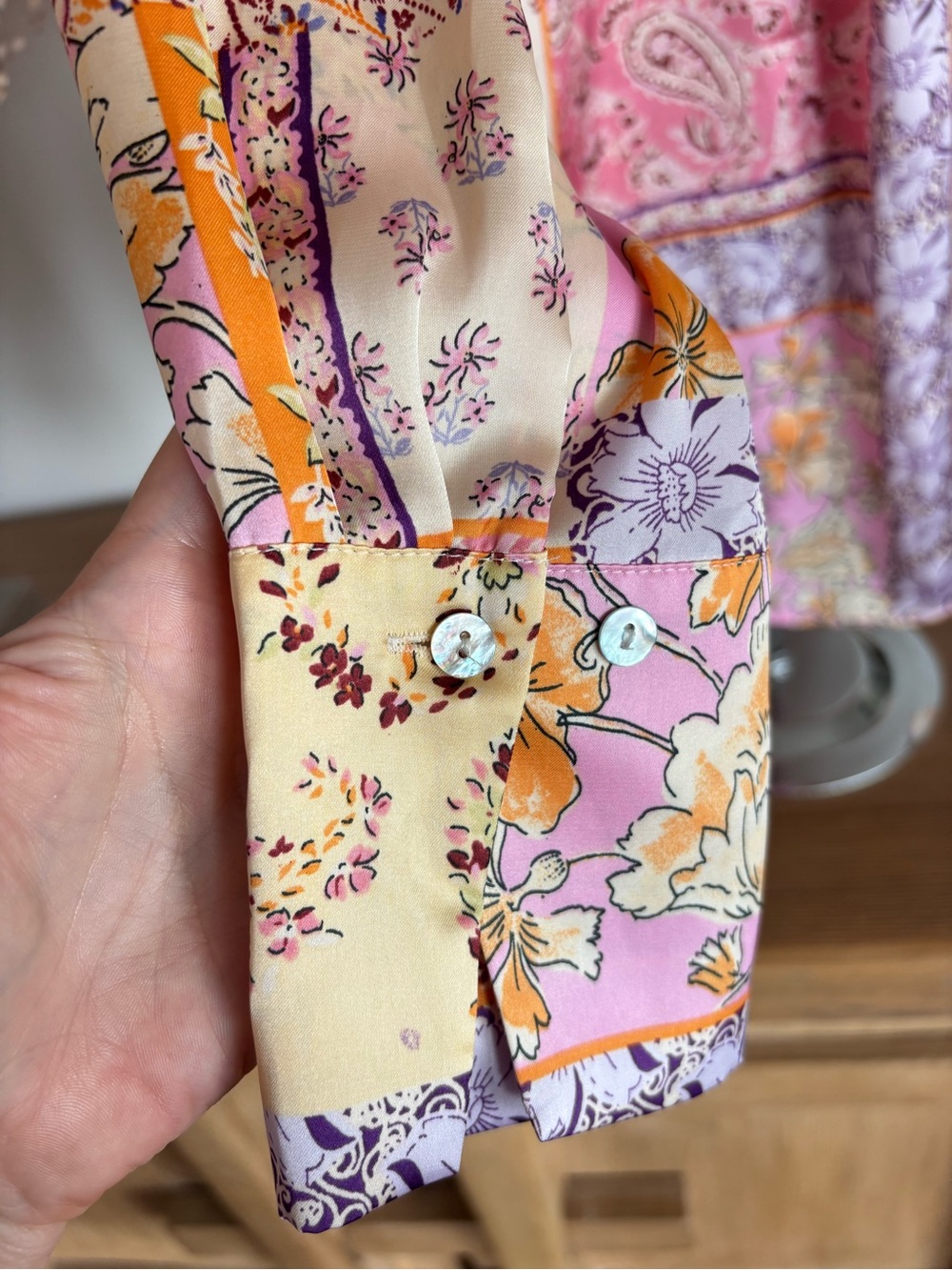 Zara S Patchwork Paisley Button Up Shirt in Pink and Cream Silk Feels Blouse - Picture 12 of 16